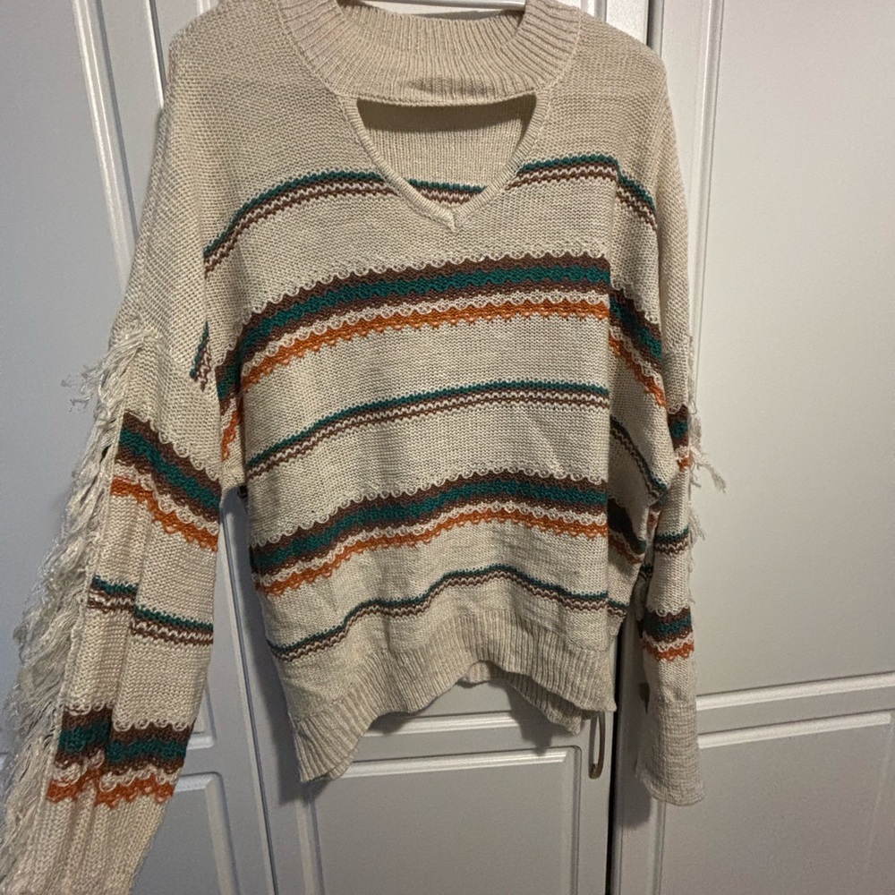 Striped Cream Sweater with Fringe Details